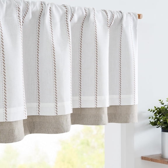 Nautical Valance Striped Linen Curtain 18 Inch Farmhouse Room Darkening Kitchen Valance for Living Room Window Double Layer Blackout Window Pinstripe 1 Panel Taupe on White