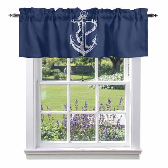 Nautical Valances for Windows, Anchor Rope Coastal Valance Window Treatment Rod Pocket Short Curtains Valances for Kitchen Bathroom 54"W x 18"L