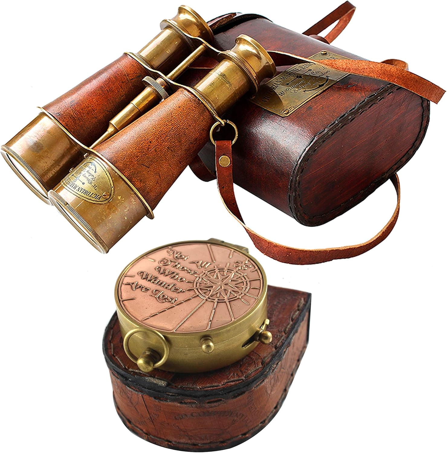 Nautical Victorian Marine Binocular Leather Case Brass Copper Quote Compass Stylish Handmade Orange Brass Pocket Compass Portable Leather Cover gift
