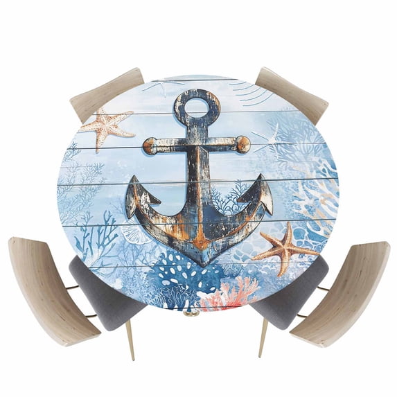 Nautical Vintage Anchor Rudder Coral Fitted Round Tablecloths Elastic Edged Table Covers 36"-44",Ocean Starfish on Wooden Waterproof Dining Room Kitchen Table Cloth for Holiday Party Tables Decor