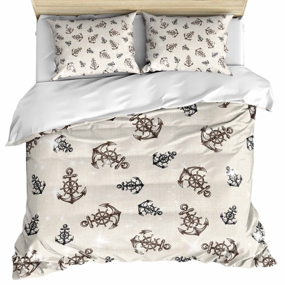 Nautical Vintage Bedding 3 Piece Duvet Cover Set Twin Size, Wooden Boards Anchor Sailing Retro Soft Microfiber Comforter Cover with Zipper Closure & Pillowcases, Wrinkle & FadeResistant Quilt Cover