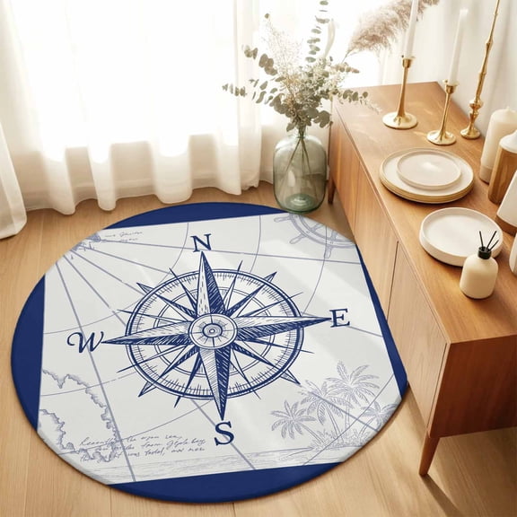 Nautical Vintage Compass Rudder Round Rug 3ft Blue Line on Map Washable Area Rugs for Living Room Bedroom Entryway Non Slip Entrance Door Mat Indoor Floor Carpet