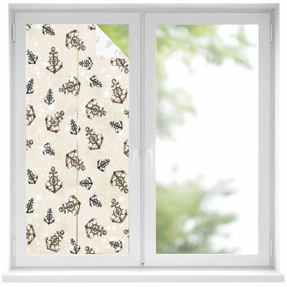 Nautical Vintage Window Privacy Film, Wooden Boards Anchor Sailing Retro Static Cling UV Sun Blocking Heat Control Window Tint Day and Night, Non-Adhesive One Way Windows Privacy Cover 19.6''x39.3''