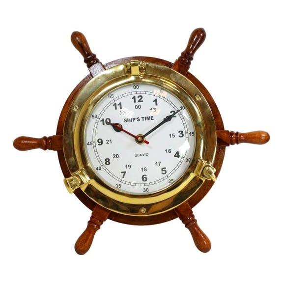 Nautical Vintage Wood and Brass 6 Spokes Ship Steering Helm Wheel Wall Clock