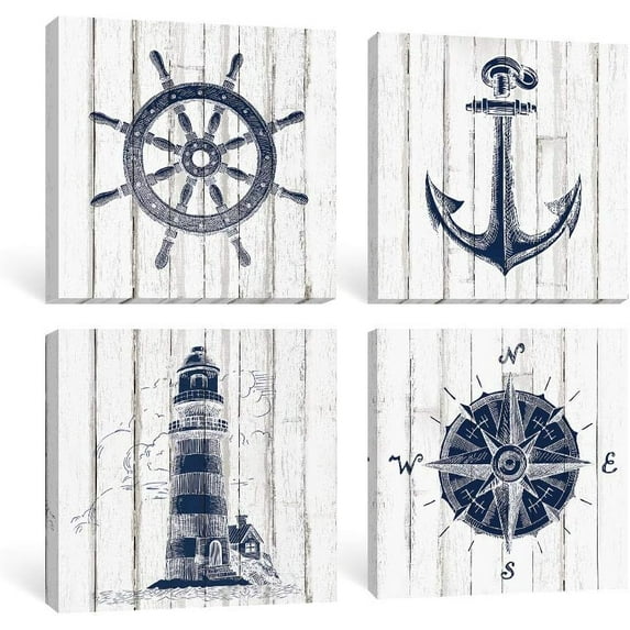 Nautical Wall Art Beach Home Decor Boat Anchor Paintings Helm Drawing Compass Lighthouse Rustic Style Pictures Dark Blue Artwork Ready to Hang for Bathroom Living Room 12x12 Inch, 4 Panels
