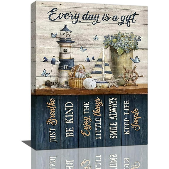 Nautical Wall Art Blue Lighthouse Anchor Bathroom Pictures Wall Decor Everyday Is A Gift Canvas Painting Prints Motivational Ocean Theme Framed Artwork for Bathroom Ready to Hang 12"x16"