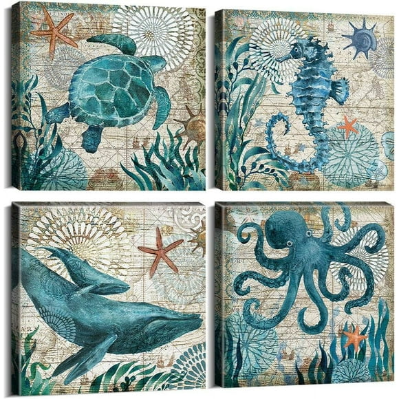 Nautical Wall Art Decor 4 Piece Ocean Animal Wall Art Beach Canvas Prints Pictures Sea World Painting Bedroom Accessories 14x14" Rustic Coastal Sea Turtle Seahorse Octopus Living Room Home Decoration