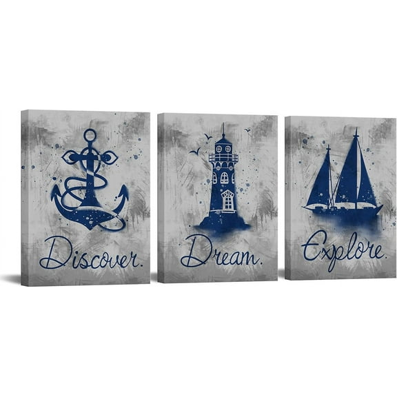 Nautical Wall Art Navy Blue Ocean Theme Canvas Picture Lighthouse Anchor Sailingboat Artwork Inspirational Quotes Coastal Wall Pictures for Home Office Travel Agency Decor 12"x16"x3 Pieces