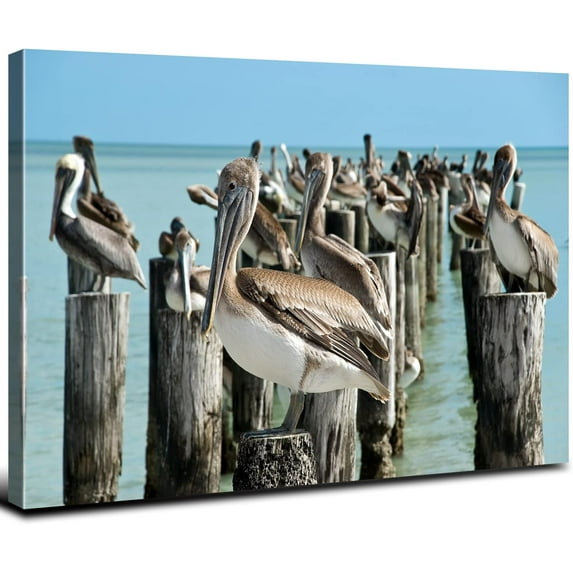 Nautical Wall Art Pelican Pictures Bathroom Wall Decor Coastal Birds Canvas Artwork for Living Room Sea Wild Animals Resting on Wooden Pillar Posters Beach Landscape Painting Bedroom Home Decoration