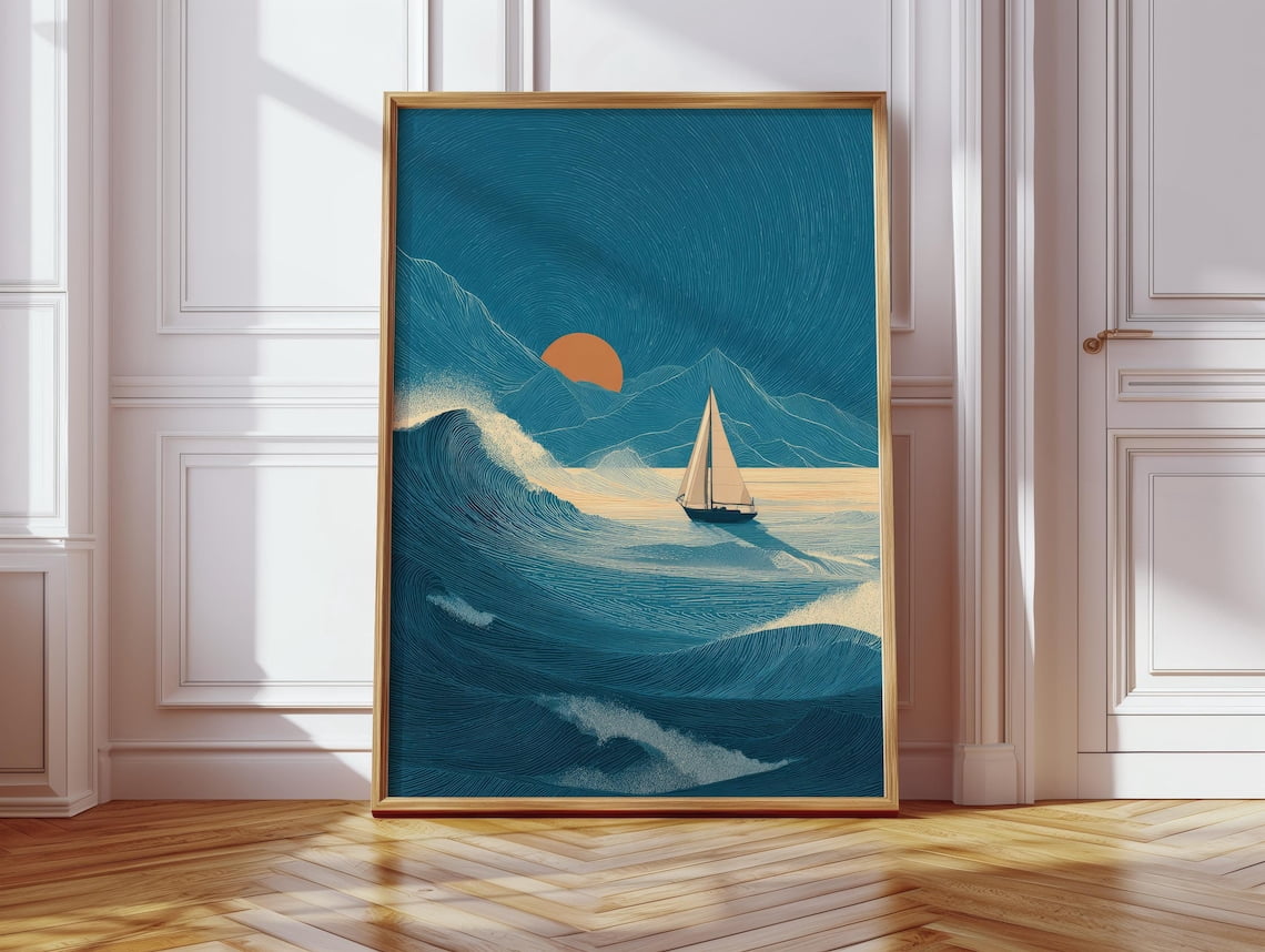 Nautical Wall Art Prints, Retro Sailboat, Blue Orange Ocean ...