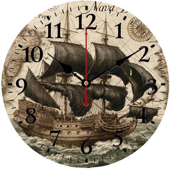 Nautical Wall Clock 9.84 Inch, Vintage Sailing Ship Ocean Decor Clock, Coastal Farmhouse Battery Operated Analog Wall Clock for Living Room Bedroom Kitchen Office
