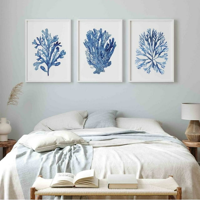 Nautical Wall Decor Coastal Wall Art Set Of 3 Prints Navy Blue Coral