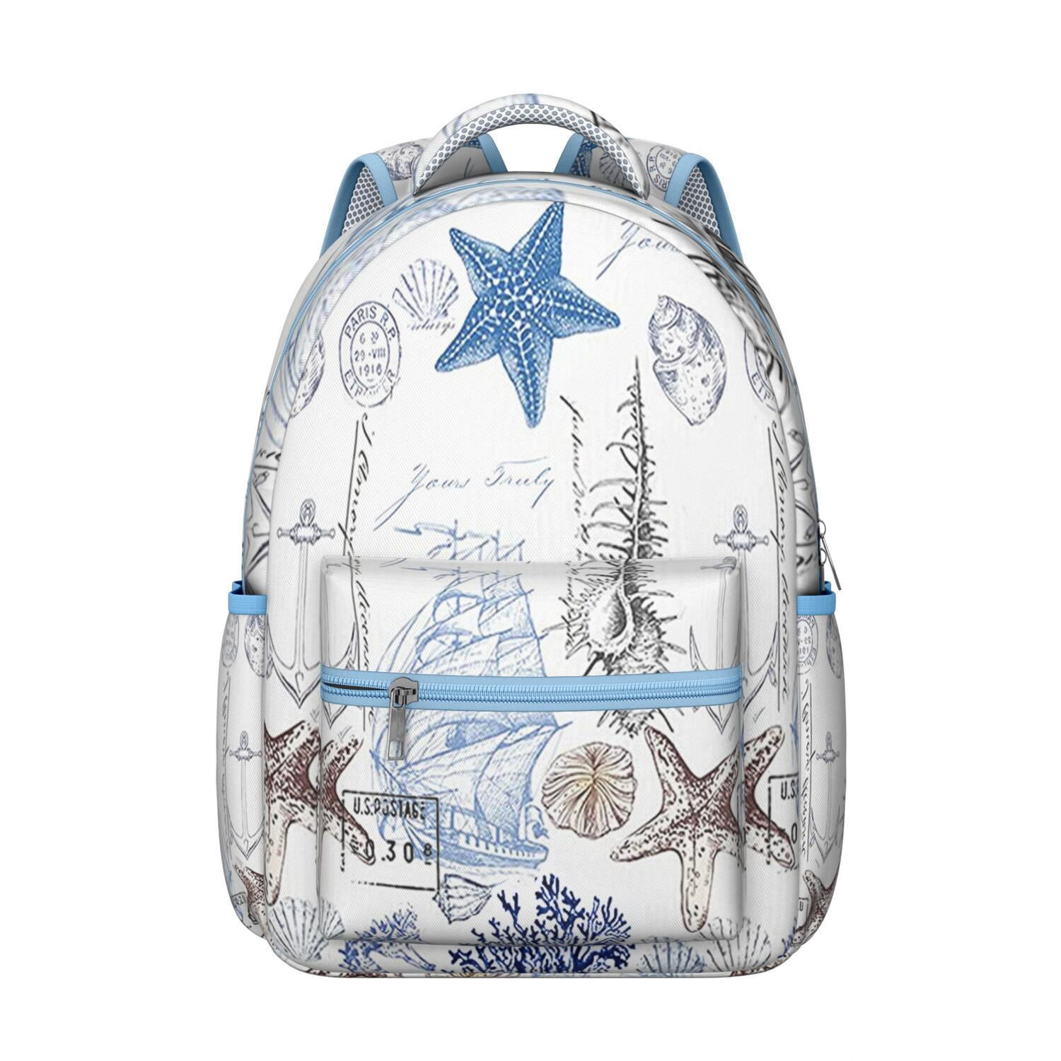 Nautical Waterproof Backpack for Teens - Vintage Summer Design with Starfish & Sand Prints, Durable Lightweight Bookbag with Padded Back Panel & Side Pockets