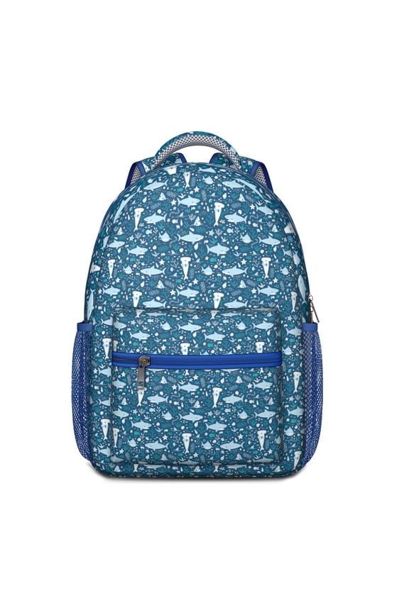 Nautical Waterproof Backpack for College Students - Cartoon Shark & Dolphin Print, Spacious & Organized, Padded Spinal Support