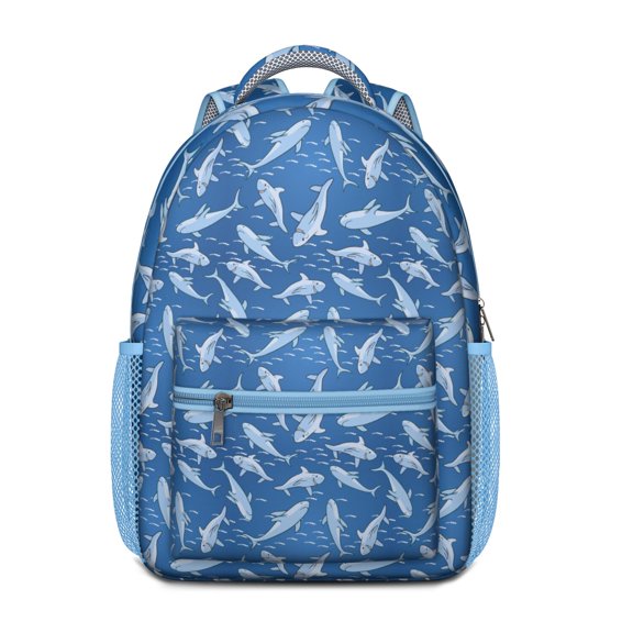 Nautical Waterproof Backpack for College Students - Cartoon Shark & Dolphin Print, Spacious & Organized, Padded Spinal Support