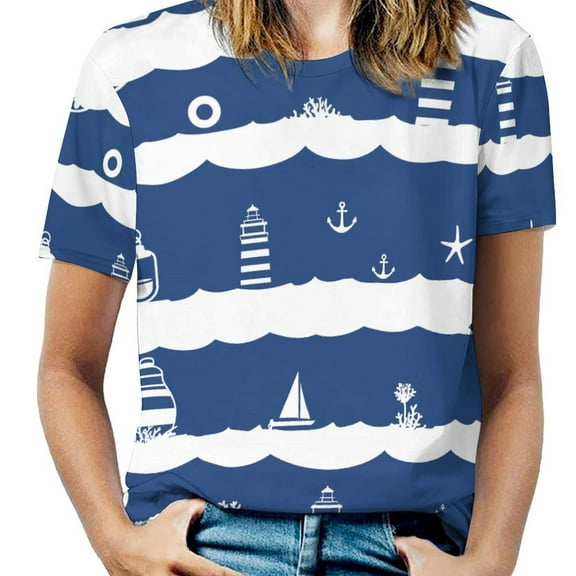 Nautical Waves Pattern T Shirts Basic T-Shirt Short Sleeve Ladies Tee Shirt Summer Graphic Clothing