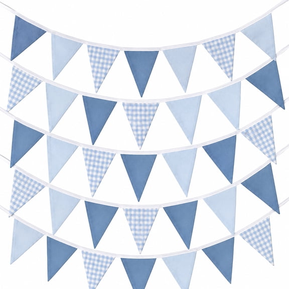 Nautical Wedding Birthday Decor: Dusty Blue Gingham Triangle Banner Flag Pennant Fabric Garland Streamers, Retro Blue, Durable Polyester