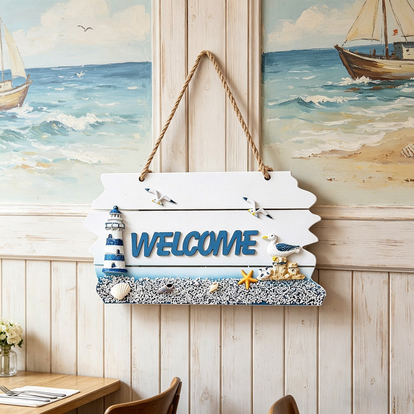 Nautical Welcome Hanging Sign Mediterranean Beach Style Wall Wooden ...