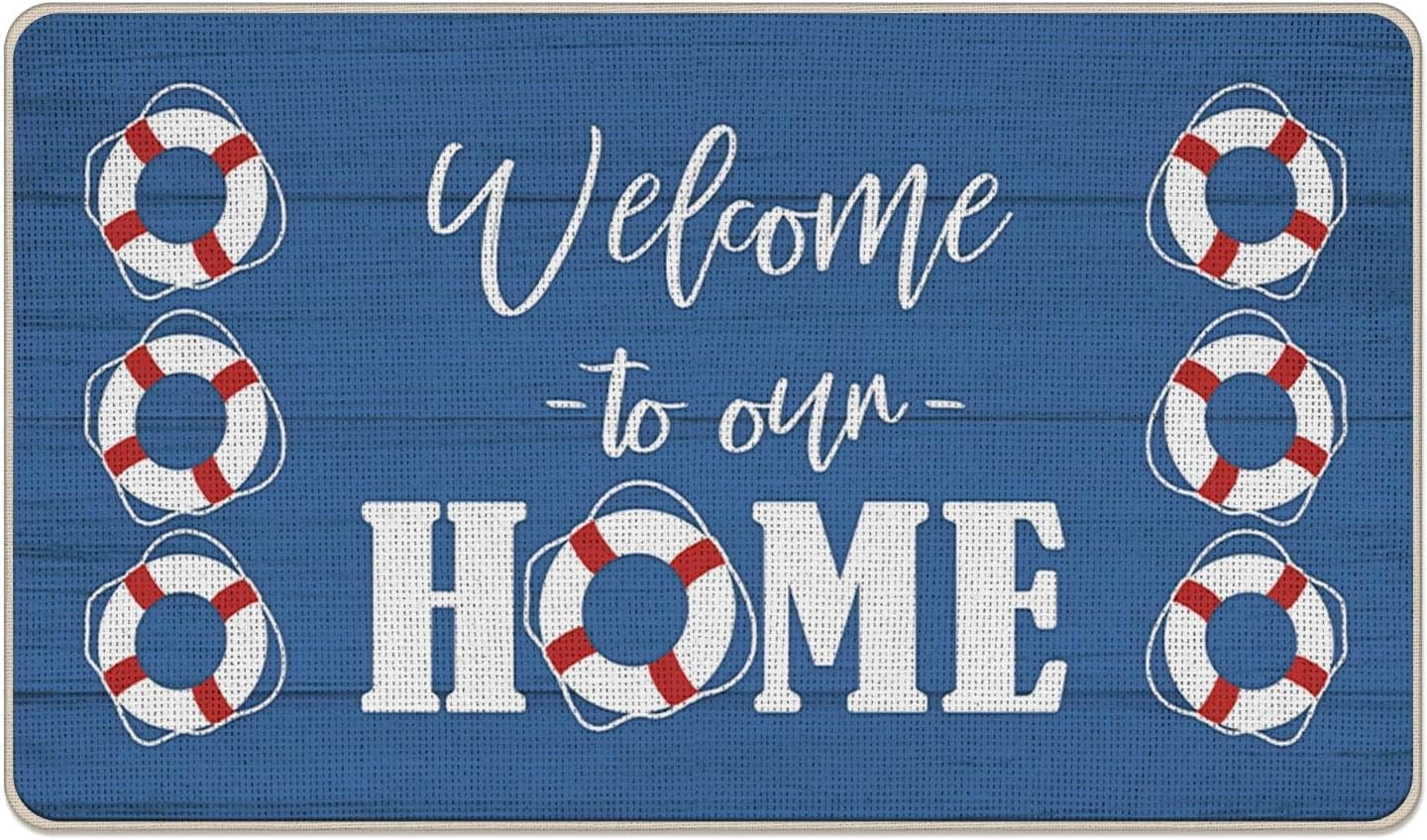 Nautical Welcome to Our Home Front Door Mat, Coastal Beach Lifebuoy Decorative Doormat Non-Slip Floor Entryway Rug, Farmhouse Low Profile Indoor Outdoor Home Kitchen Decoration 17x29 Inches