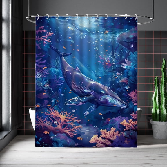 Nautical Whale Shower Curtain Fantastic Underwater World Coral Fish Waterproof Bathroom Curtains with Hooks Unique Blue Whale Waterweed Themed Bathroom Decor