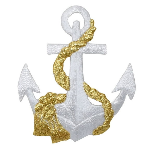 Nautical White Anchor - Gold Rope - Iron on Applique/Embroidered Patch