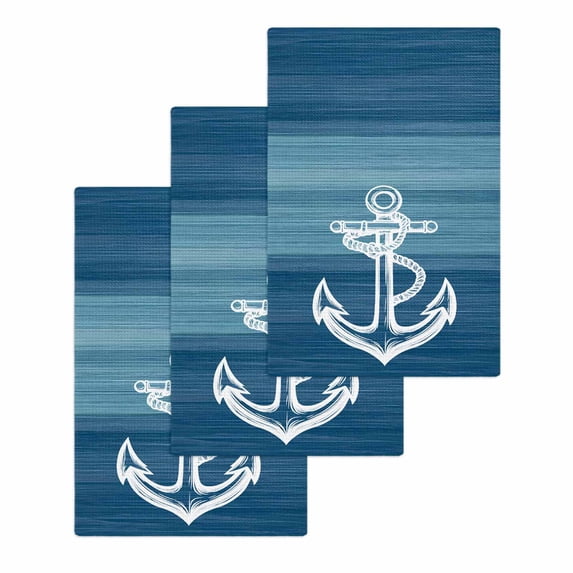 Nautical White Anchor Kitchen Dish Towels for Drying Dishes Set of 3, Blue Gradient Ocean Abstract Waffle Weave Microfiber Hand Tea Bathroom Towels Quick Dry & Absorbent Towel 15.7x23.6
