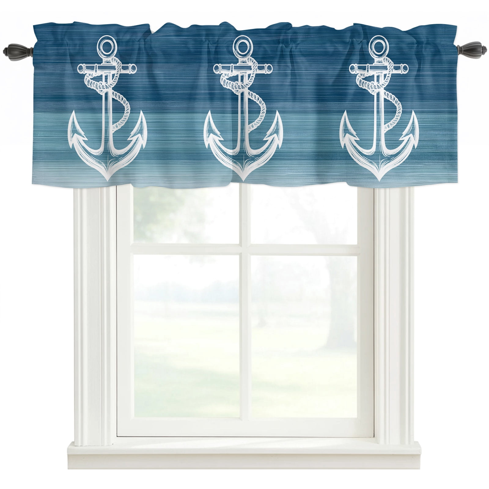 Unchor Rod Nautical White Anchor Rod Pocket Curtain Valance, Blue Gradient Ocean ...