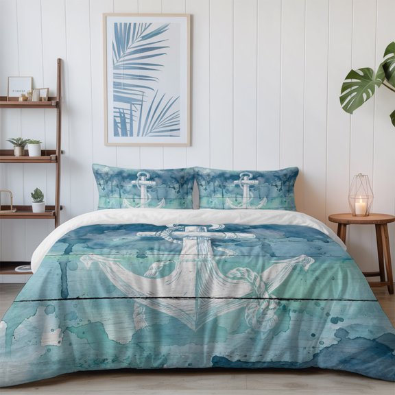 Nautical White Anchor Silhouette California King Size Bed Set,Farm Teal Ombre Wood Grain Bedding for All Seasons,4 Pcs Bed Set with 1 Quiltcover (96"x104"),1 Sheet (110"x98"),2 Pillowcases (20"x36")