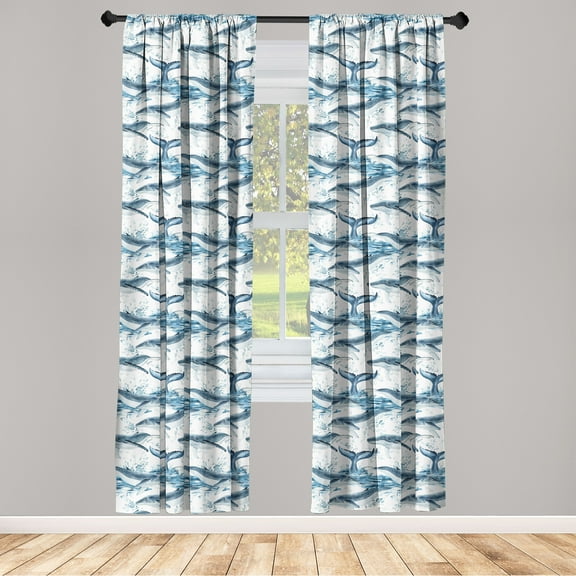 Nautical Window Curtains, Digital Drawn Whale Pattern With Ocean Waves Moby Dick Print Artwork, Lightweight Decor 2-Panel Set with Rod Pocket, Pair of - 28"x84", Sea Blue Soft Blue White, by Ambesonne