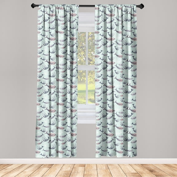 Nautical Window Curtains, Pastel Sketchy Whales Swimming in the Ocean Marine Style Artwork, Lightweight Decor 2-Panel Set with Rod Pocket, Pair of - 28"x84", Mint Green Indigo and Rose, by Ambesonne