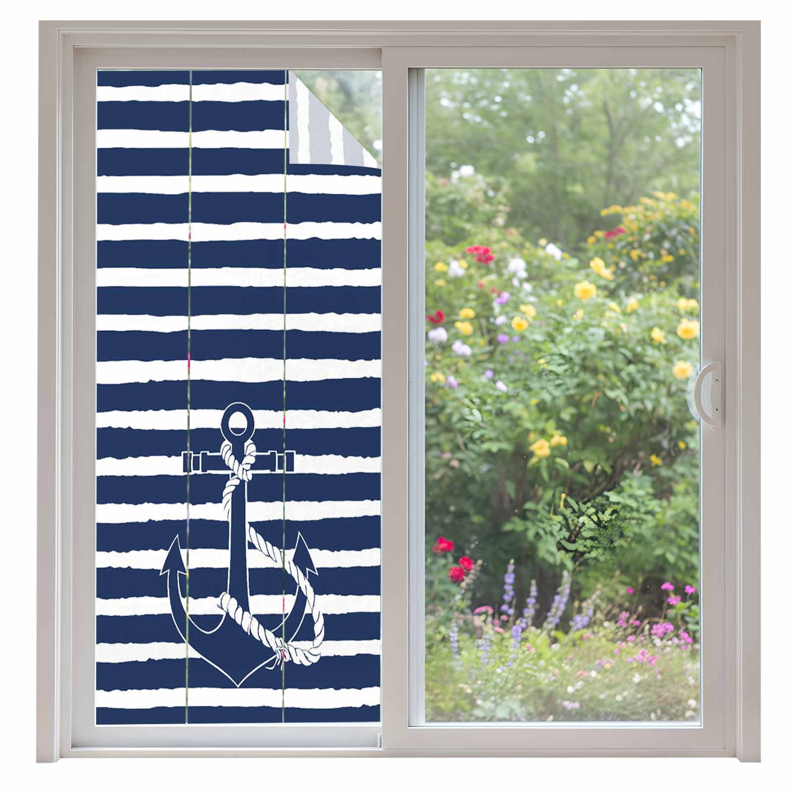 Nautical Window Privacy Film Navy Blue and White Striped Retro Anchor Decorative Glass Window Film UV Blocking Static Cling Non-Adhesive Sticker Covering for Home Door 35.4x78.7 inches