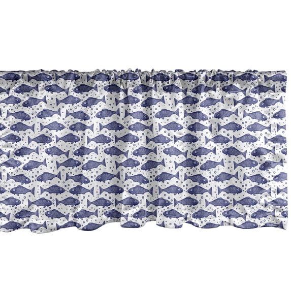 Nautical Window Valance, Monochrome Hand Drawn Hatched Style Fish Pattern with Minimal Bubbles, Curtain Valance for Kitchen Bedroom with Rod Pocket, 54" X 18", Violet Blue and White, by Ambesonne
