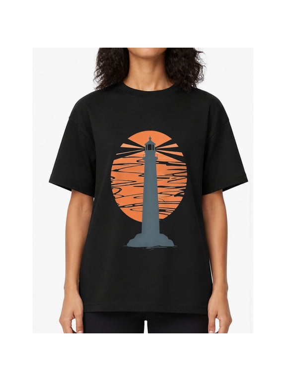 Nautical Women’s Boxy‑Fit Cotton Tee, Coastal Lighthouse Silhouette With Orange Sunset Oversized Casual Crewneck Top
