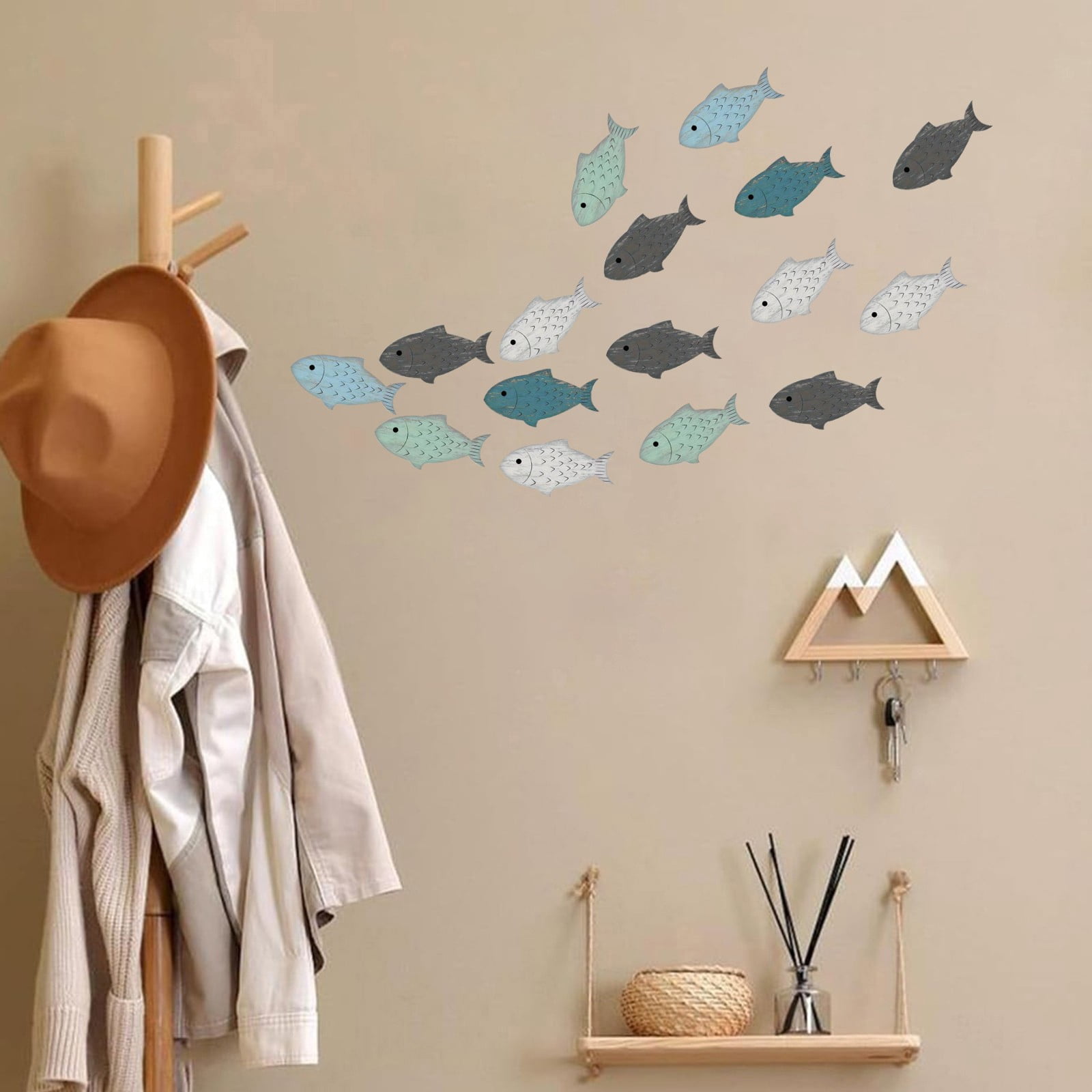Nautical Wood Fish Wall Decor Set - 20 Pcs Coastal Beach Themed Hanging ...
