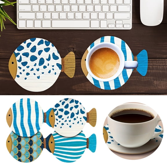 Nautical Wood Fish Wall Decor - Set of 4 Handmade Blue Fish Sculptures, Beach Style Coastal Wall Art for Bathroom, Bedroom or Porch - Vintage Ocean Themed Home Decor