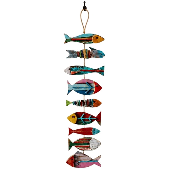 Nautical Wooden Fish Wall Decor, 35.4 in Vertical Hanging Art, 9 Pcs Colorful Rustic Beach Wood Sculpture, Coastal Home Decor for Bathroom Living Room Bedroom, Decorative Sea Theme Wall Hanging