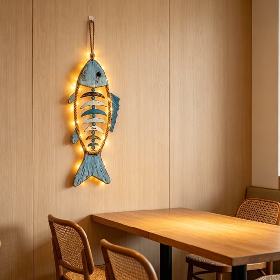 Nautical Wooden Fish Wall Light, Distressed Skeleton LED String Art, Beach Themed Hanging Decor for Coastal Home & Patio, Battery Operated Warm LEDs, Weathered Driftwood Finish, A
