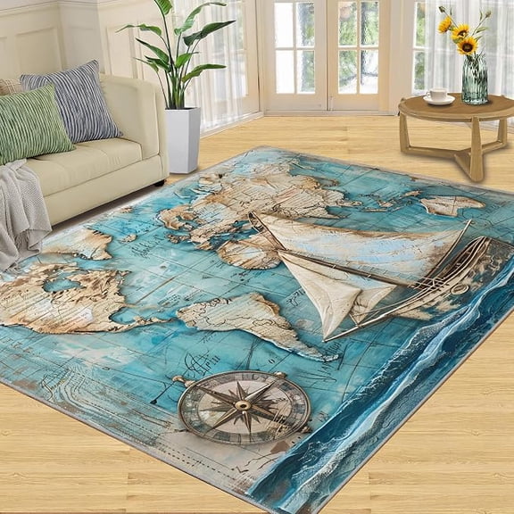 Nautical World Map Rugs for Bedroom, Sailboat Area Rugs for Living Room, Vintage Washable Carpet, Maritime Rug, Nautical Themed Home Decor & Gift 2 x 3ft