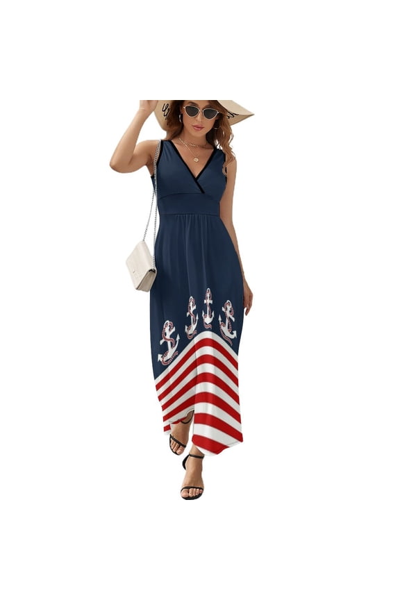 Nautical red white stripes and red anchor on blue background Sleeveless Dress dresses summer woman Aesthetic clothing