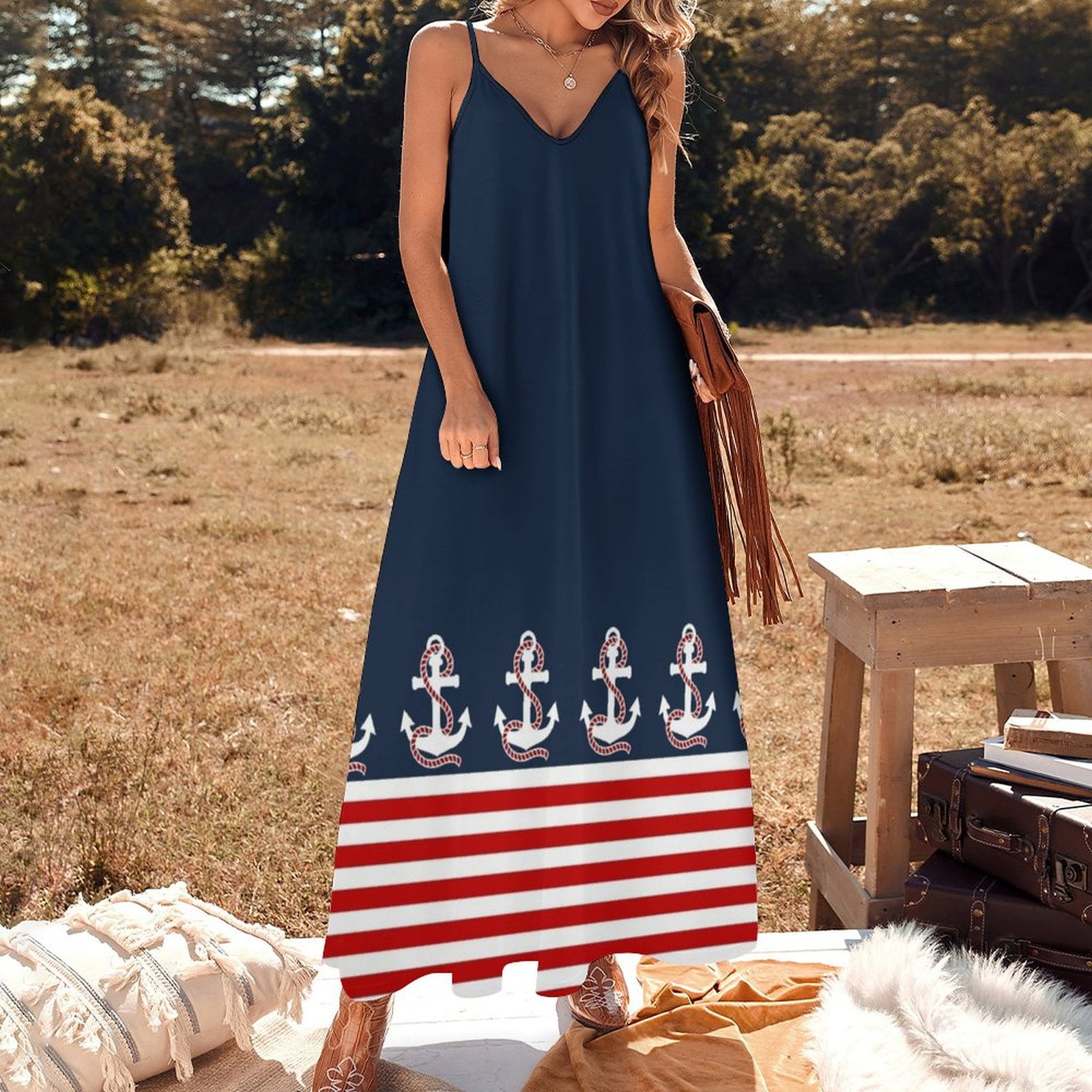 Nautical red white stripes and red anchor on blue background Sleeveless  Dress elegant guest wedding dress Evening dresses - Walmart.com