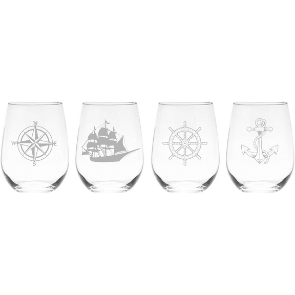 C&M Personal Gifts 17 oz Nautical Stemless Wine Glass Set of 4 - Ocean Themed Gift for Women and Men