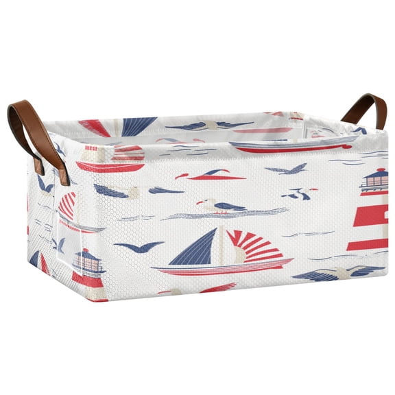 Nautical-themed Seamless Pattern with Boats Storage Basket Soccer Plaid Fabric Hoard Box Oversized Collapsible Closet Organizer with Metal Iron Frame 16.911.47.7in