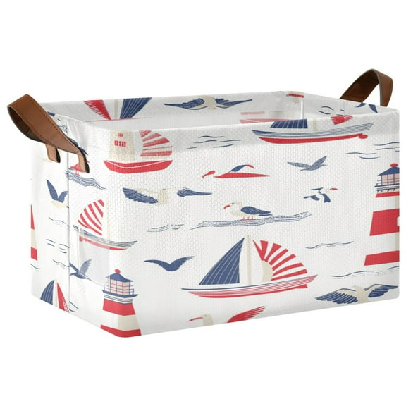 Nautical-themed Seamless Pattern with Boats Storage Basket Soccer Plaid Fabric Hoard Box Oversized Collapsible Closet Organizer with Metal Iron Frame 16.911.410in