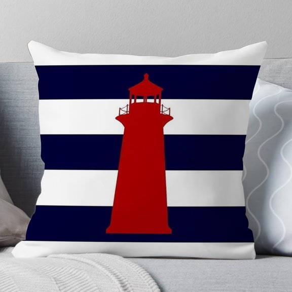 Nautical wind red lighthouse navy blue striped pillow cover, suitable for spring and winter home decorations, soft and non-fading, without pillow cores, Valentine's Day gifts, cushion cover