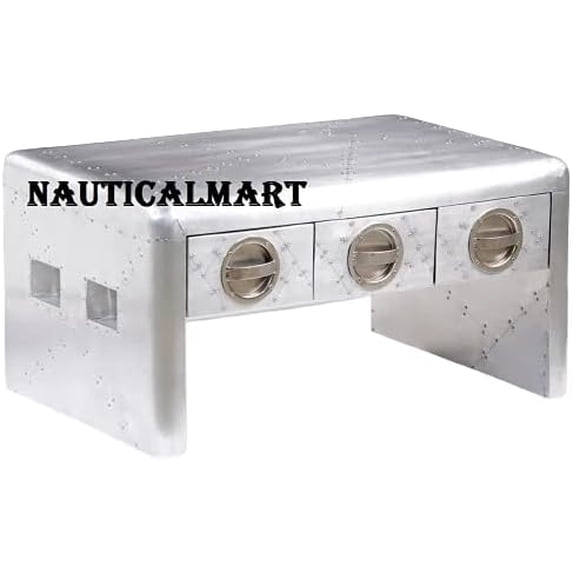 NauticalMart Aluminum Coffee Table Bedside Night Stand with 3 Storage Drawers Aviator End Side Table Aircraft Airman Style Living Room Home Office Furniture Silver
