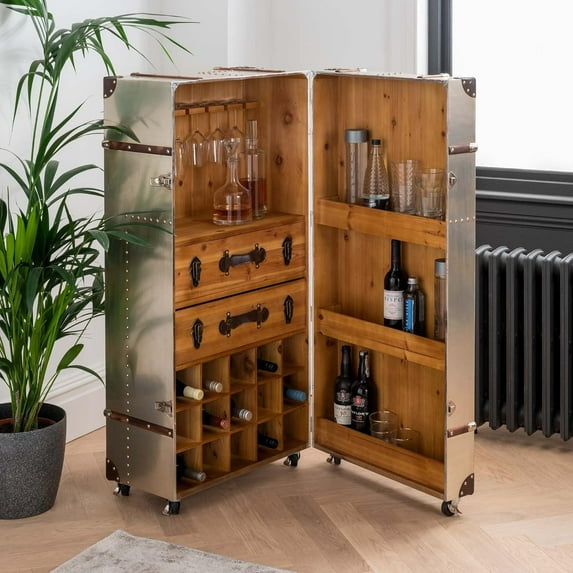 NauticalMart Aluminum Standing Silver Trunk Drinks Cabinet Vintage Style Drink Cabinets Aviator Bar Decor & Living Room