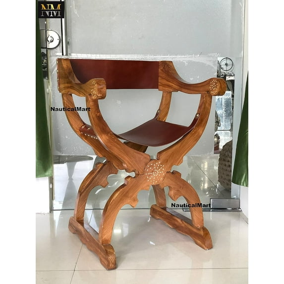 NauticalMart Antique Medieval Savonarola Arm Chair Home and Office Decor Wooden Furniture Living Room Bed Room
