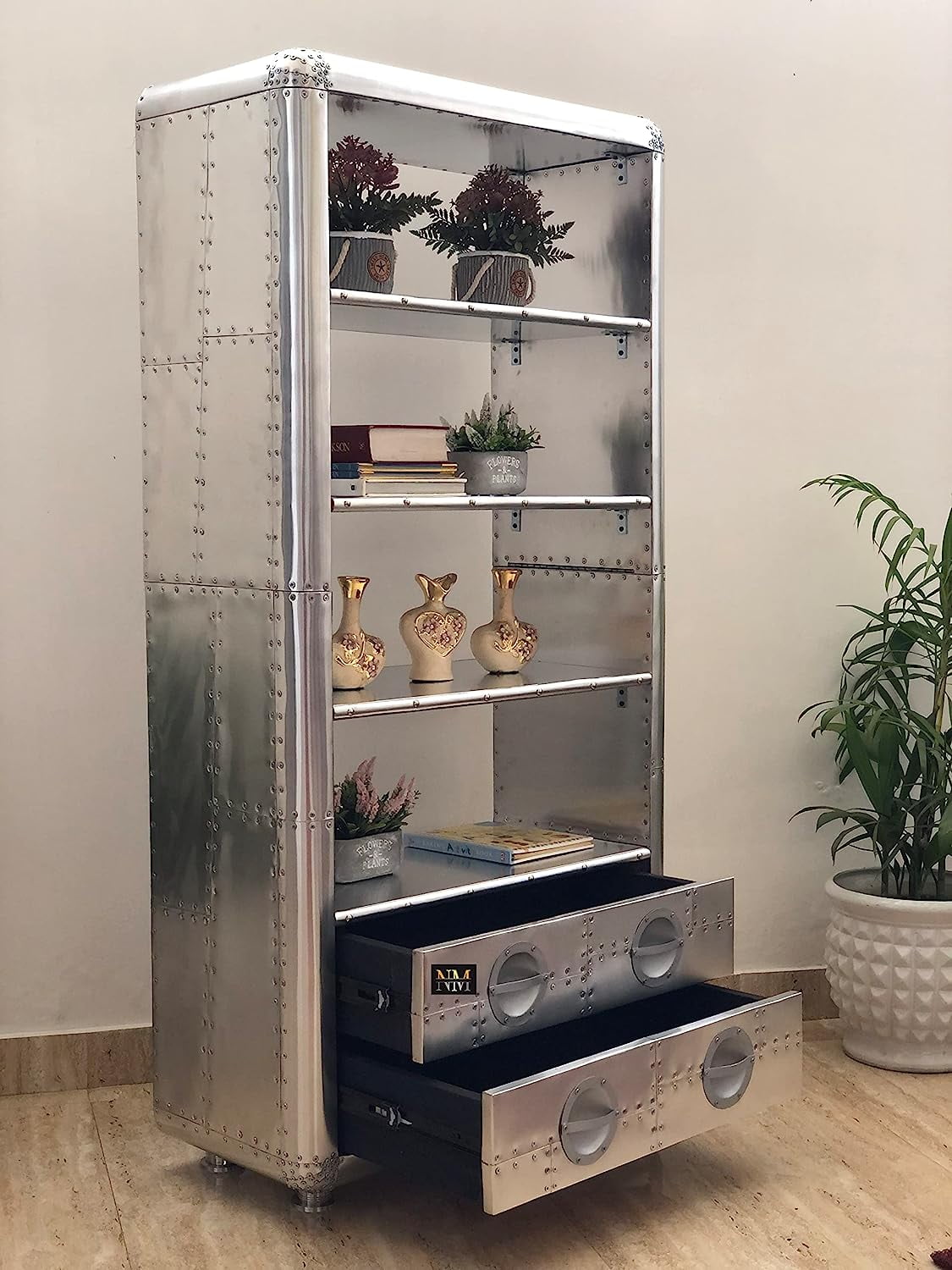 NauticalMart Art Deco Vintage Flyer Furniture Luxury Designer Aluminum Bookcase with Drawers Vintage Aviator Furniture (66 Inches)