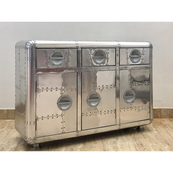 NauticalMart Aviator 3 Door Sideboard End Table Design Metal Side Table Living Room Furniture (38 Inches)