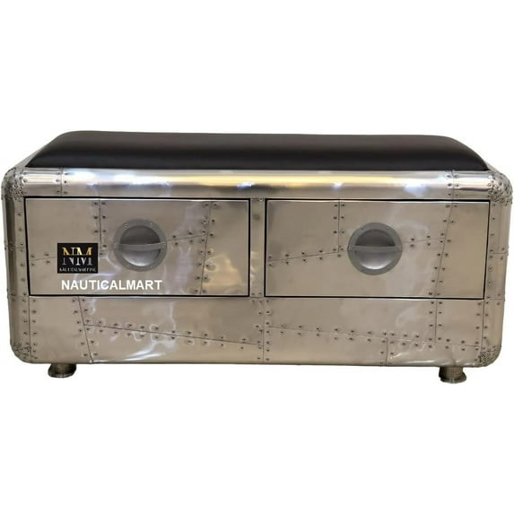 NauticalMart Aviator Industrial Modern 2 Drawer Rectangular Storage Bench Home and Office Decor Collection (43 Inches)